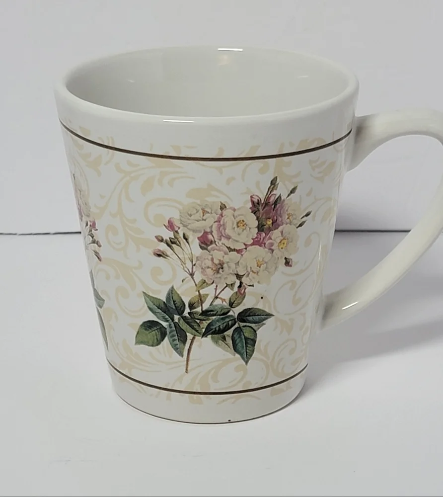 Hallmark‎ Mug White Pink Rose Flower Floral Bouquet Scroll Coffee Cup Vintage